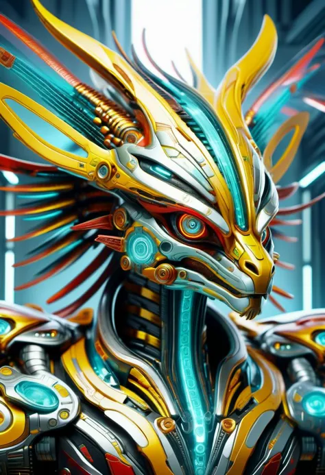 a close up of a robot with a dragon like head