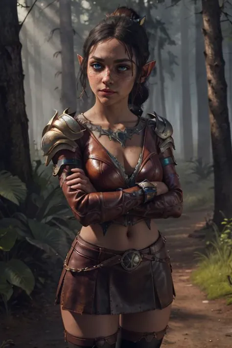 1girl, european, crossed arms, (shy), medium breast, cleavage, (freckles), perfect skin
elf, black hair, glowing blue eyes, braided ponytail, circlet,
red leather outfit,( (metal) shoulder pads:1.3), perfect armor,  metal stockings, 
(orange leather short skirt:1.3)
(full body:1.1), (looking at camera:1.2),
forest camp background, dungeon and dragons,
(masterpiece:1.2) (best quality:1.2) (detailed) (intricate) (8k) (HDR) (cinematic lighting)
<lora:ShadowHeart:0.8>