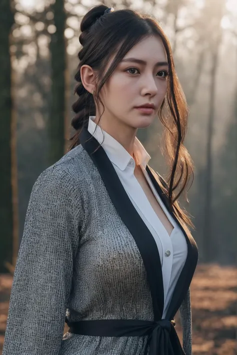 a woman in a gray jacket and black tie standing in the woods