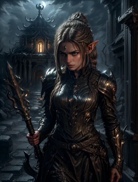 a woman in armor holding a sword in a dark alley