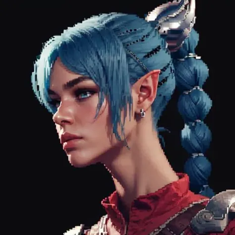 a close up of a person with blue hair and a sword