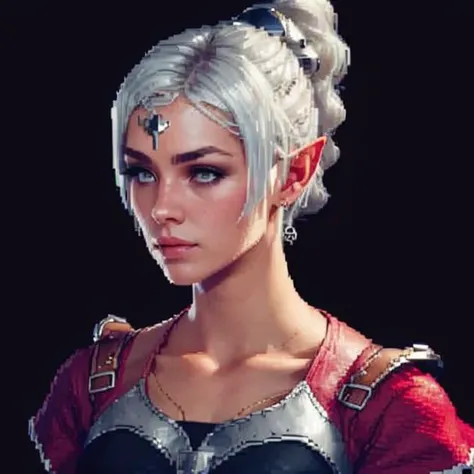 (( <lora:ShadowHeart:0.75>)), shadowheart, 1girl, ((silver hair)), braided ponytail, circlet, elf, pointy ears, realistic, blurry background, ((busty)),  dark lighting, masterpiece, ((black background)), ((staring forward)), (( <lora:pixel:0.7>)), ((pixelart))