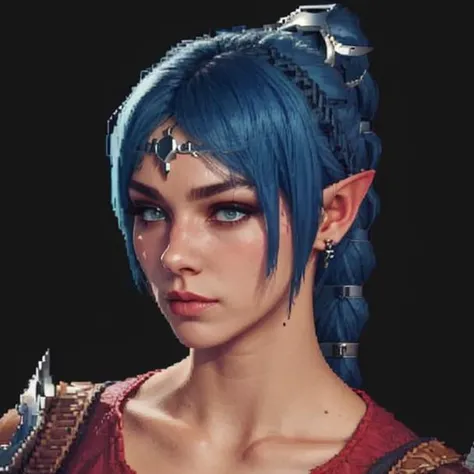 (( <lora:ShadowHeart:0.75>)), shadowheart, 1girl, ((blue hair)), braided ponytail, circlet, elf, pointy ears, realistic, blurry background, ((busty)),  dark lighting, masterpiece, ((black background)), ((staring forward)), (( <lora:pixel:0.7>)), ((pixelart))