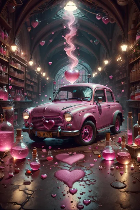 <lora:love-potion-style-darquelilly-v2:1> lovepotionstyle, pink car