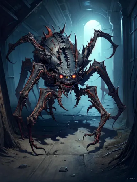 clockworkspider, Concept art, creepy spider monster creeping down a dark futuristic hallway, highly detailed,  <lora:clockworksp...