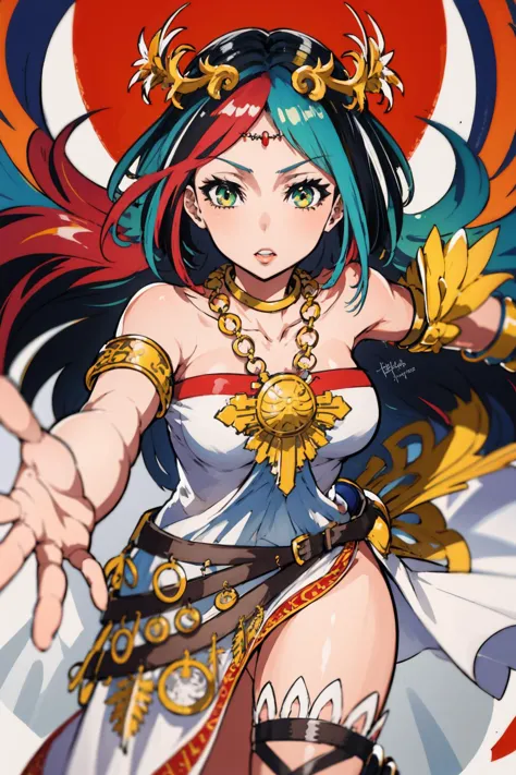 mksks style, masterpiece, best quality, 1girl, solo, hmpa1, palutena, adult, (colorful, abstract, multicolored (green:0.05) hair, streaked hair:1.2), dynamic pose, looking at viewer, tiara, necklace, bare shoulders, strapless dress, vambraces, belt, single thighhigh, depth of field,
<lora:mikapikazo:1.0> <lora:mika_pikazo:0.4> <lora:palutena_v1:0.8> <lora:kidicarus_palutena:0.2>