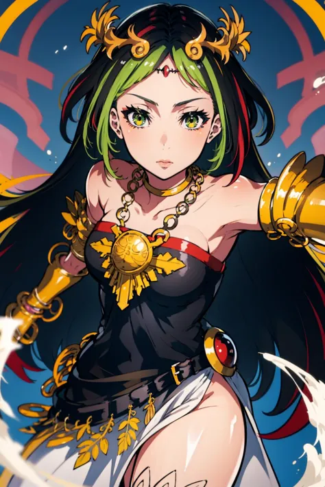 a woman with green hair and a black top holding a sword