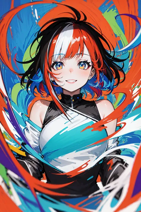 a woman with red hair and blue eyes is standing in front of a colorful swirl