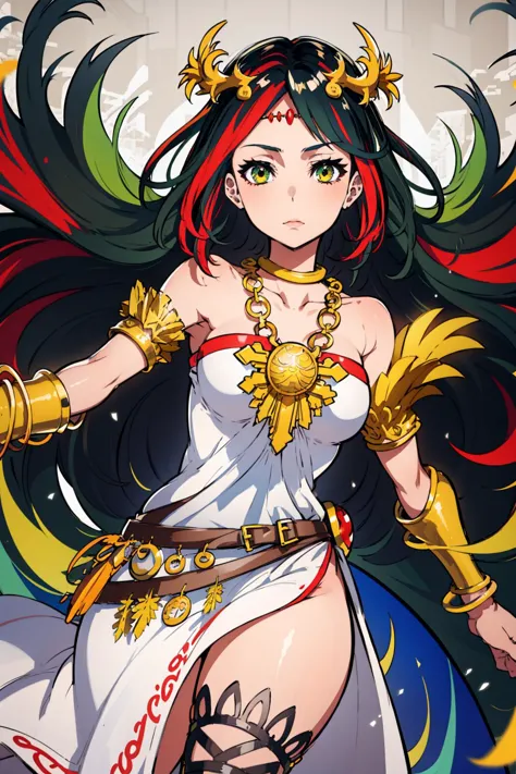 mksks style, 1girl, solo, hmpa1, palutena, adult, (colorful, abstract, multicolored hair, streaked hair:1.2), dynamic pose, looking at viewer, closed mouth, tiara, necklace, bare shoulders, strapless dress, vambraces, belt, single thighhigh, depth of field,
<lora:mikapikazo:1.0> <lora:mika_pikazo:0.4> <lora:palutena_v1:0.8> <lora:kidicarus_palutena:0.2>