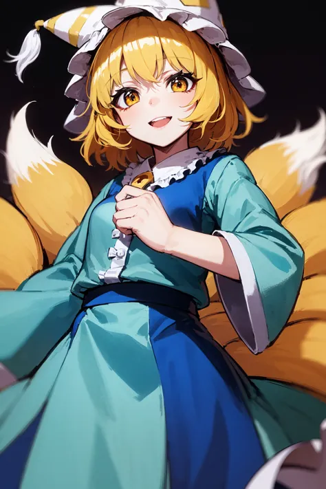 mksks style, masterpiece, best quality, 1girl, solo, colorful, (multicolored hair, streaked hair:1.2), (yakumo ran, touhou, blonde hair, yellow eyes, hat, fox tails, multiple tails, frills, long sleeves:1.2), looking at viewer, smile, giant clocktower, clock, clocktower, outdoors, night, depth of field, <lora:mikapikazo:0.8>