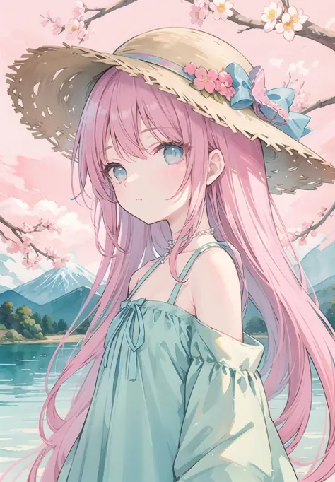 {masterpiece},{best quality},{{illustration}},
(watercolor:1.2),
cute 1girl,straw hat,flowers,
pink hair,blue eyes,very long hai...