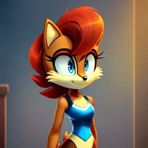 a close up of a cartoon cat with a blue top and red hair