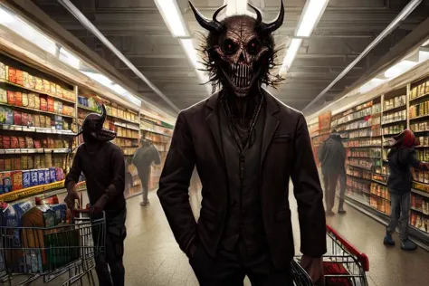 (((((masterpiece))))), (((((high quality))))), (((((detailed))))), realistic, epic, badass, several demons with shopping carts i...