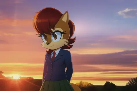 sally acorn, 1girl, solo, tree, sky, outdoors, skirt, cloud, brown, hair, sunset, lens, flare, scenery, school, uniform, sun, wi...