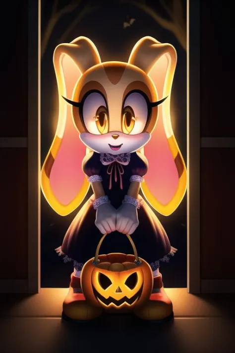 trick-or-treater, mobians, darkness, ambient, intricate detail, refined detail, High resolution, candy, Cream the Rabbit