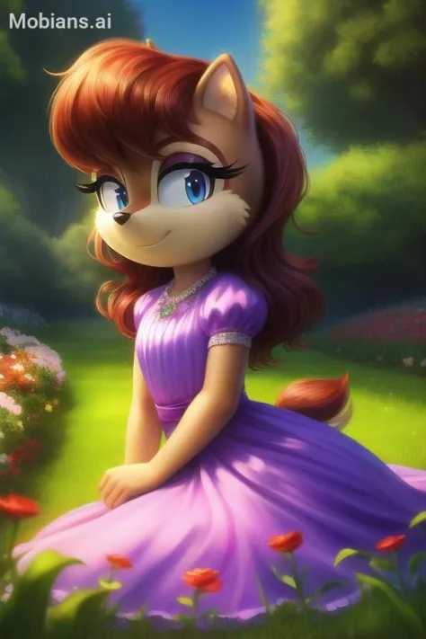 Masterpiece, high quality, studio quality, intricate details, 4k, 1girl, solo, Sally Acorn, long hair, flowy hair, dress, flower garden, eyes open, blue eyes