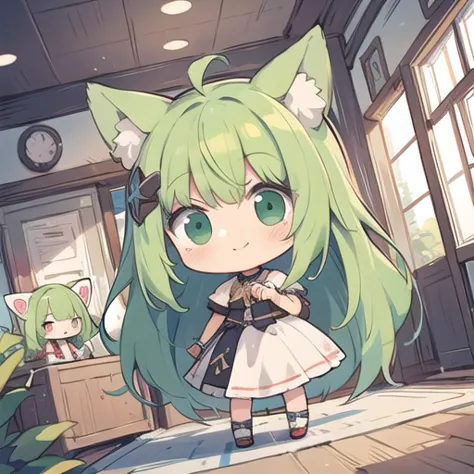 <lora:hotarueye_comic13_v100:1>, 1girl, (chibi:1.4), smile, closed mouth, dynamic angle, standing, animal ear, green hair, indoors