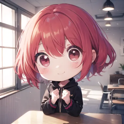 anime girl with red hair sitting at a table in a room