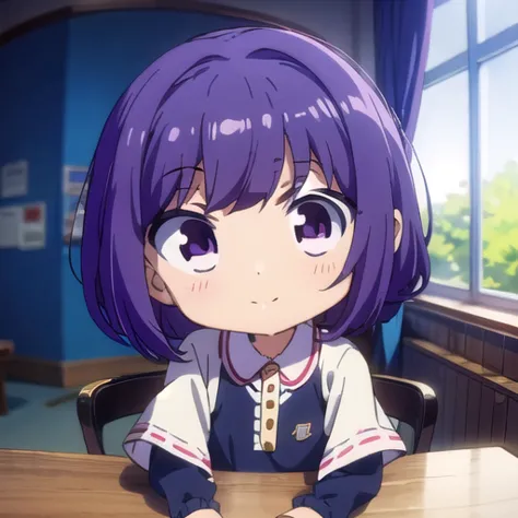 <lora:hotarueye_comic13_v100:1>, 1girl, (chibi:1.4), smile, closed mouth, upper body, standing, , purple hair, indoors