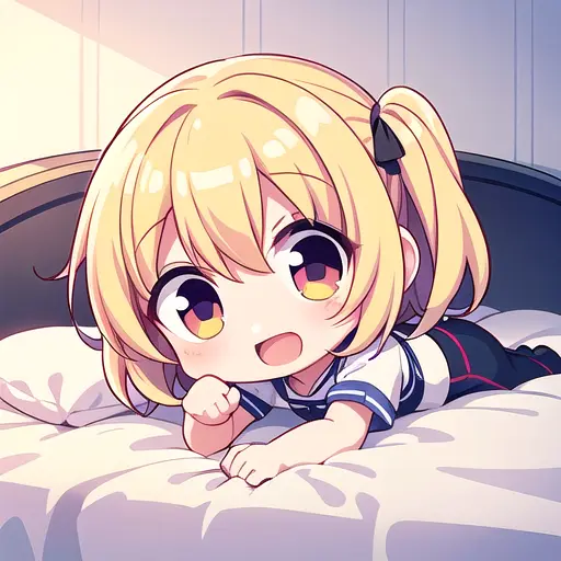 1fille, (chibi:1.4), sourire, bouche ouverte, Angle dynamique, allongé sur le lit, , cheveux blond, Extérieur