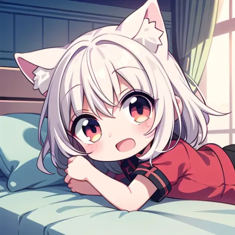 <lora:hotarueye_comic13_v100:1>, 1girl, (chibi:1.4), smile, open mouth, dynamic angle, lying on bed, animal ear, white hair, ind...