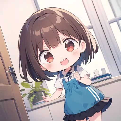 1girl, (chibi:1.4), smile, open mouth, dynamic angle, dynamic pose, , brown hair, indoors