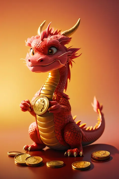 a close up of a dragon statue with coins on a table