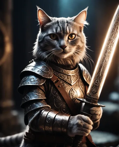 cinematic film still cat wizard, holding a sword, rune armor, glowing runes, gems, wrathful eyes, majestic, epic, masterpiece, a...
