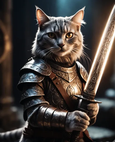 a close up of a cat dressed in armor holding a sword