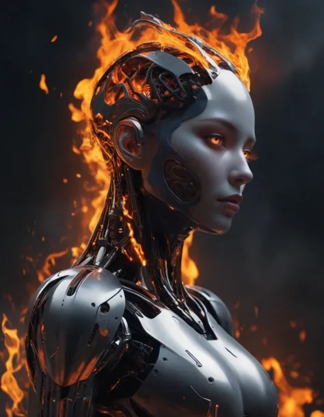 The artwork features a humanoid robot with a natural human head and skin, engulfed in fiery flames that dance across its metalli...