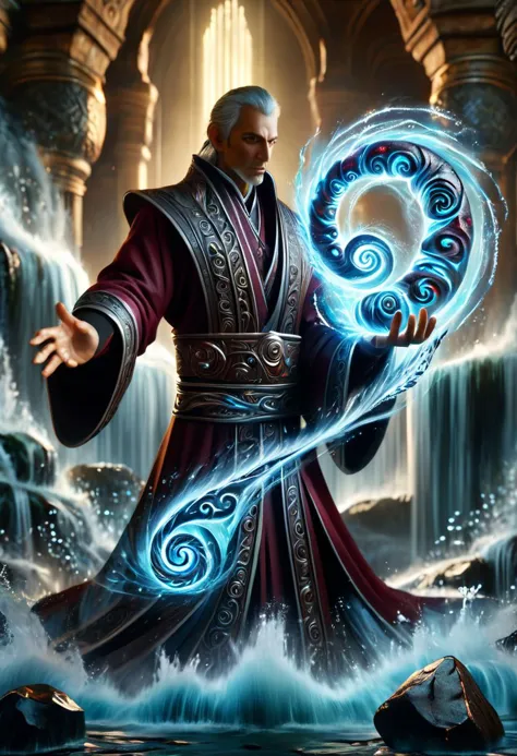hyper detailed masterpiece, dynamic, awesome quality, male priest, water manipulation (controlling water flow and shape) Wielding conjuration shaped like Spiral of burgundy lava metal and curses DonMM4g1cXL 