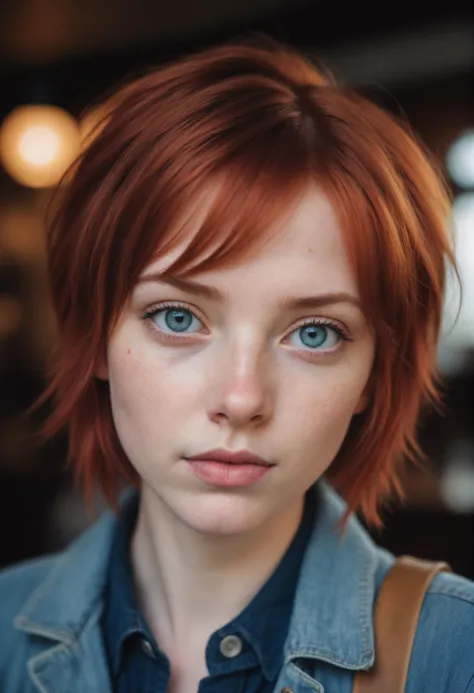 A cute young woman, big blue eyes, rocker style, short layered red hair, cute round lightly freckled face, pouty lips, in a pub, natural light, head-shot, vibrant colors