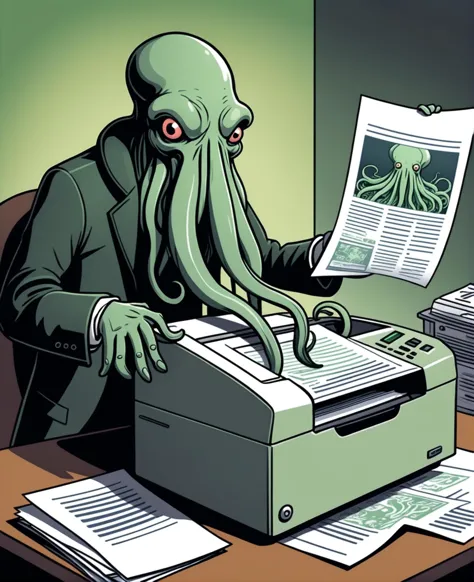 illustration, cartoon, cthulu is copying some dokuments with a copier