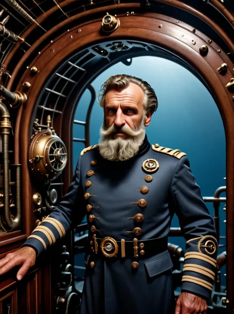 photo focus on male focus, indoors, realistic scenery, (captain nemo:1.1),   looking at viewer ,  close-up, arch, chair, loaded ...