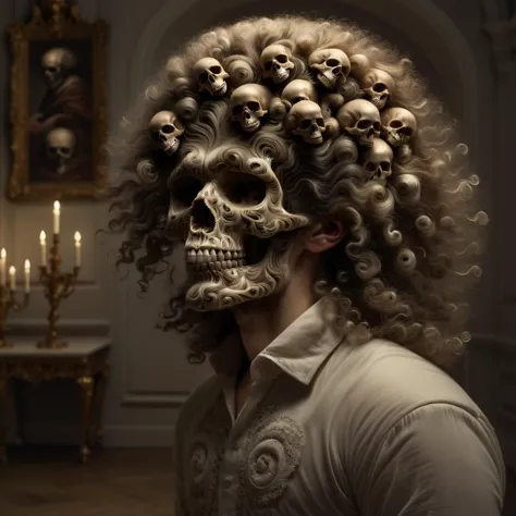 baroque composer with ral-cnvctncrnts curly hair, light shining into room, skulls