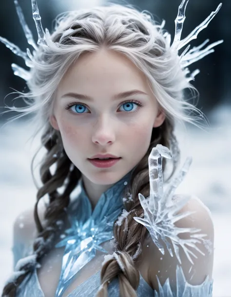 beautiful ice elemental, photograph, frost skin, magical hair made of ice, intense ice blue eyes, frosty, frozen, ethereal, mythical, snow, slender