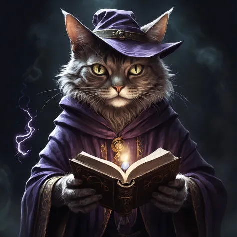 distopian art, illustration, a old cat mage, holding a magic book, fearful, wrathful eyes, dark atmosphere