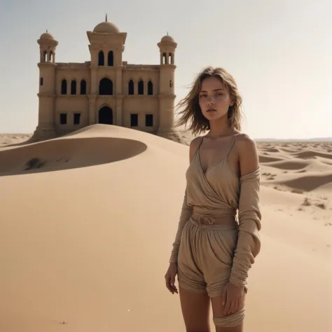 best quality, cinematic film still, city ruins sunken in sand, desert, sand dunes, shimmering sand, in front a young woman weari...