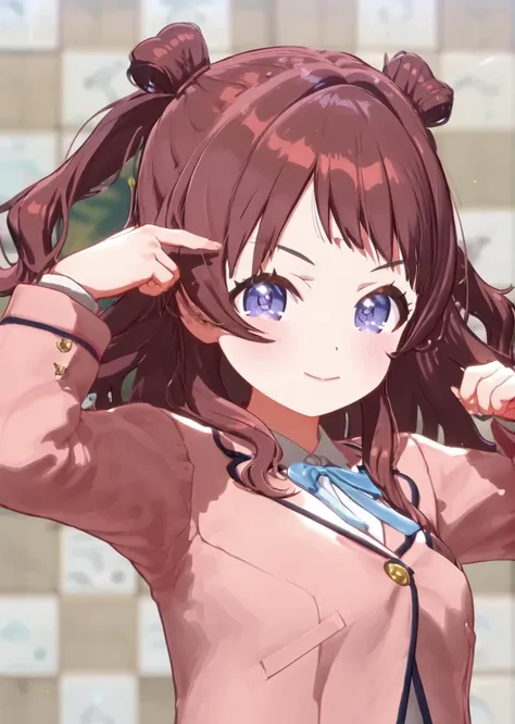 anime girl with long brown hair and blue eyes in a pink jacket