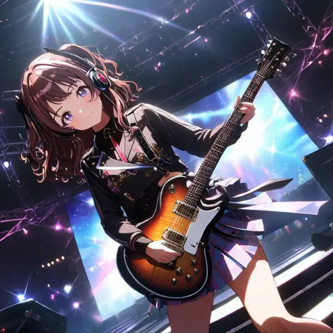 anime girl with guitar in concert with lights and music