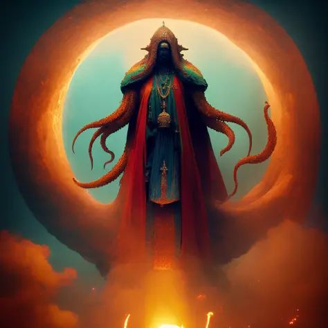 1 photo, (rainbowworld:0.75) (cthulubishop:1.25) cthulu priest standing above fire in the afterlife. "! " by dovid