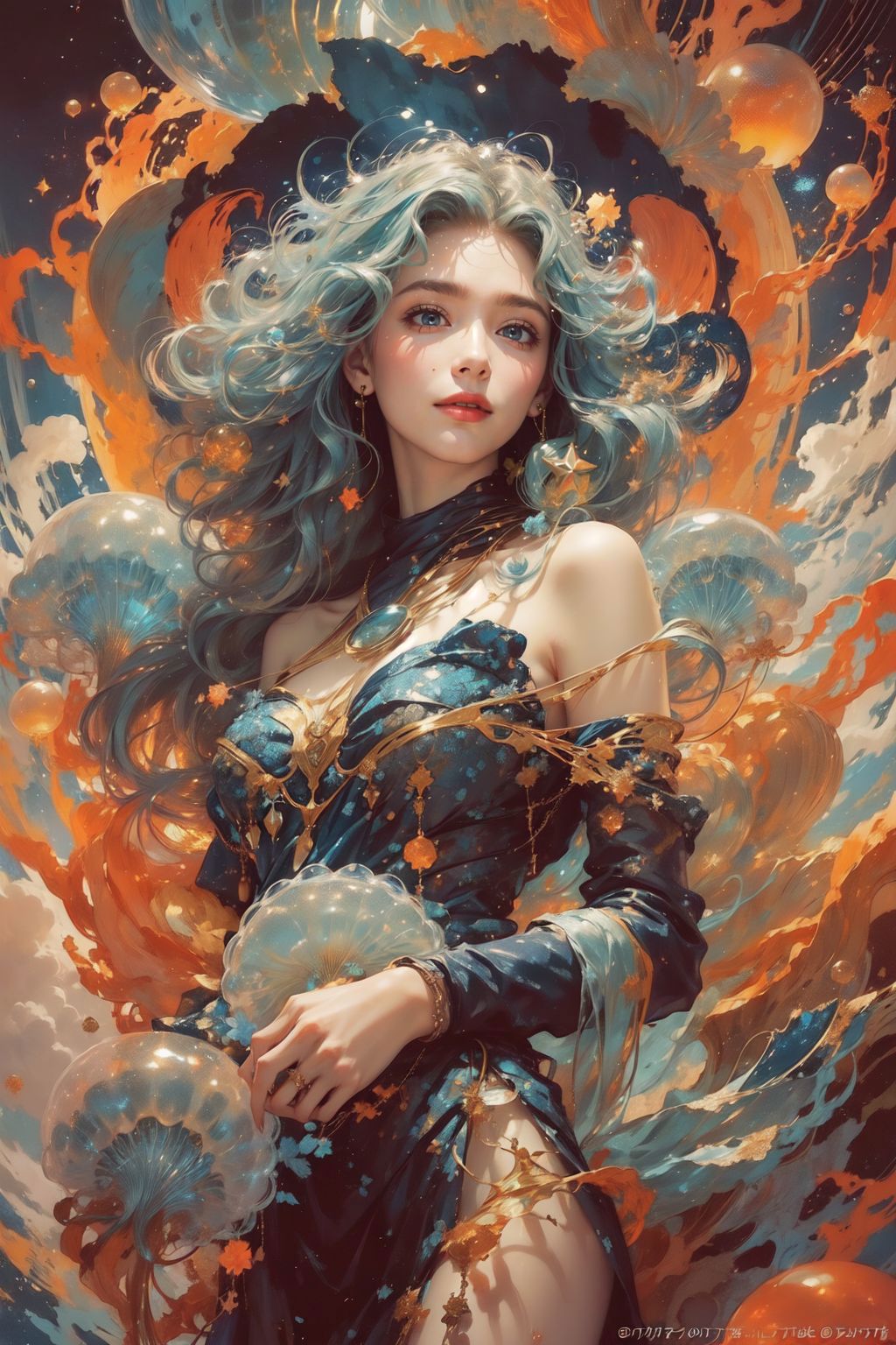 A painting of a woman with blue hair and a blue dress - SeaArt AI