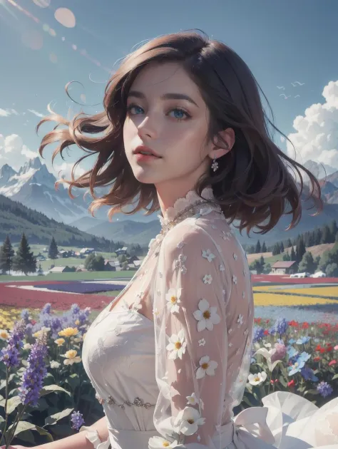 1girl, dynamic angle, cloud and mountain, (flower field:1.4) in the foreground, white dress, light tracing, (floating colorful w...