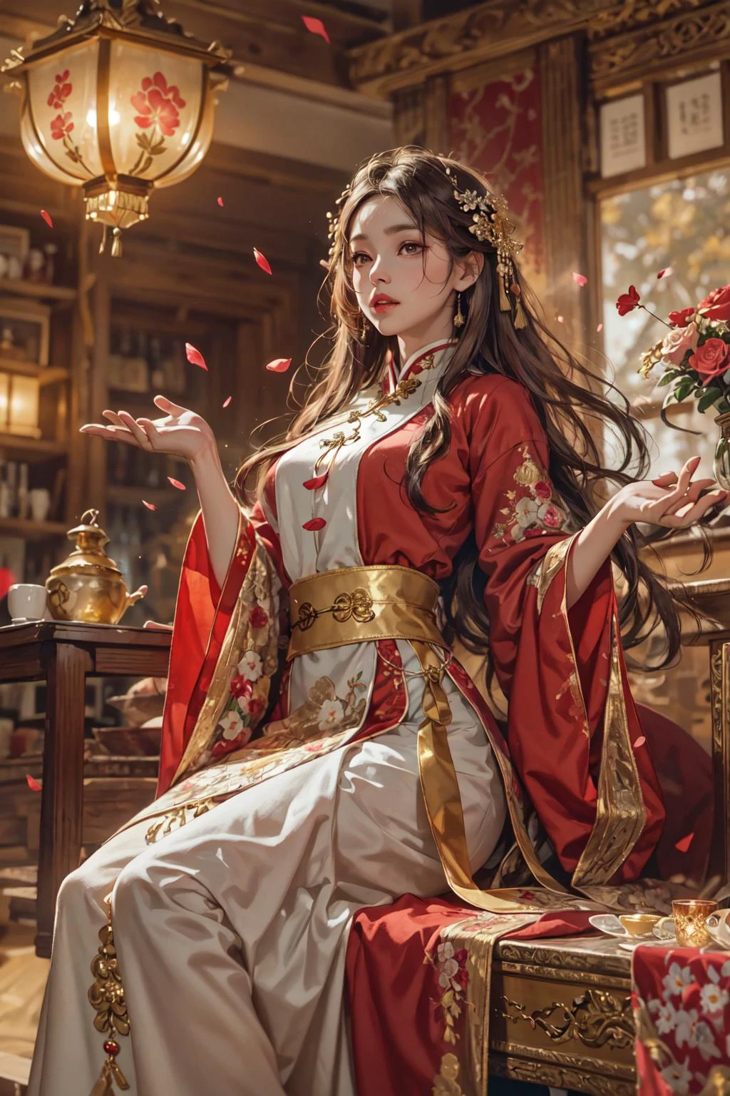 best quality, masterpiece, highres, (exquisite body:1.5),gorgeous face,(milky skin:1.3),intricate details,high resolution,wallpaper,
1girl, solo, dress, hair ornament, (((gold and red dress))), flowers, long hair, brown hair, closed mouth, jewelry, long sleeves, hand up, wide sleeves, big eyes,floating hair, chinese clothes, hanfu, embroidery, long skirt, natural pose, falling petals, indoor,fanning, lantern,
16K,HDR,highres,depth field,(film grain:1.1),boken,golden hour,(lens flare),vignette,rainbowing,(color grading:1.5)