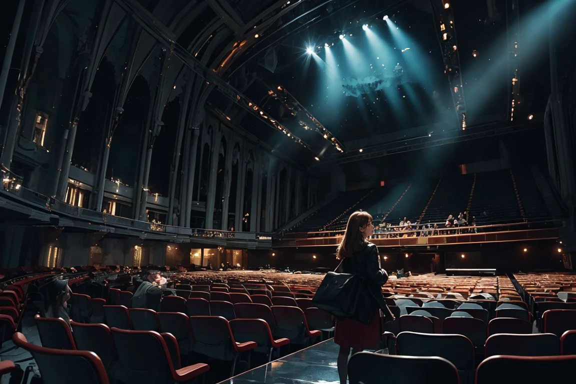 Arafed view of a woman standing in a theatre with a stage - SeaArt AI