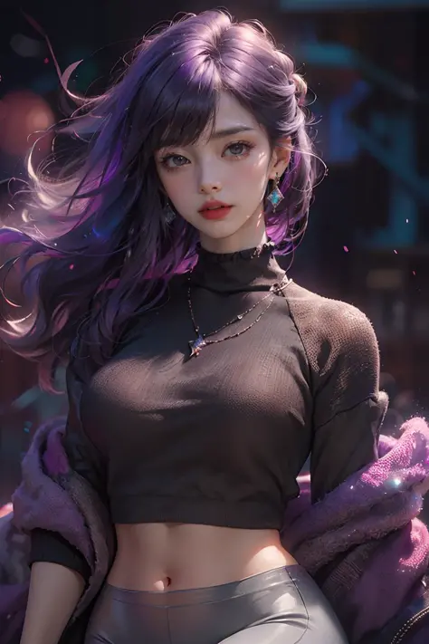 (photorealistic:1.3), ultra detailed, beautiful and aesthetic, masterpiece,best quality,lifelike rendering,moody lighting,
1girl,solo,
Purple sweater, gray leggings,breasts,
(glowing ambiance, enchanting radiance, luminous lighting, ethereal atmosphere, me...