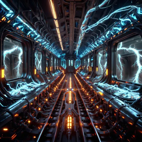 a futuristic train with multiple lights and a long corridor