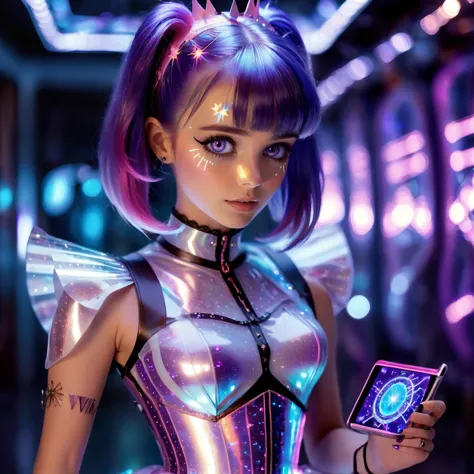 f/1.4 lens, photorealistic, photo of a humanoid Twilight Sparkle fixing a futuristic device, tinkering with tech, twiggy girl, ((ray tracing)), wearing a skirt AND corset, ((solo)), scifi, holographic skin,  ((purple hair with a (pink stripe))), medium breasts, storms of saturn, ((random camera angle)),  DonMM4ch1n3W0rldXL, synth,  electric circuits, (cybernetic implants)