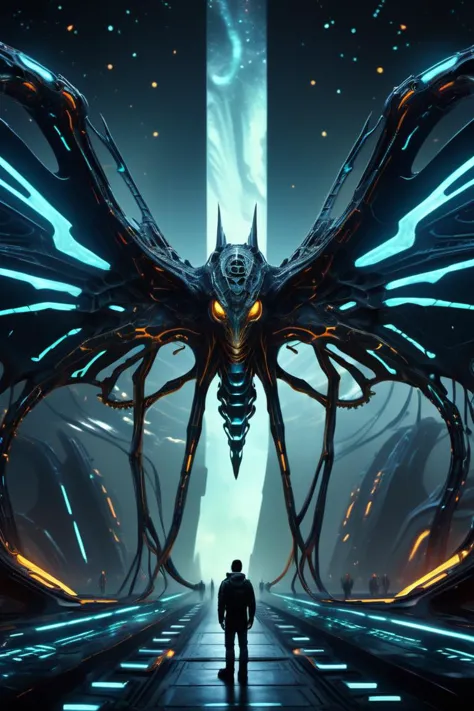 a man standing in front of a giant alien creature