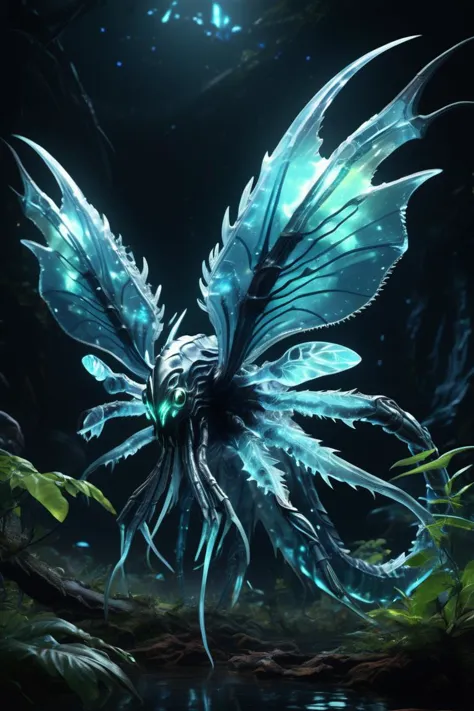 a blue and white dragon with wings is standing in the dark